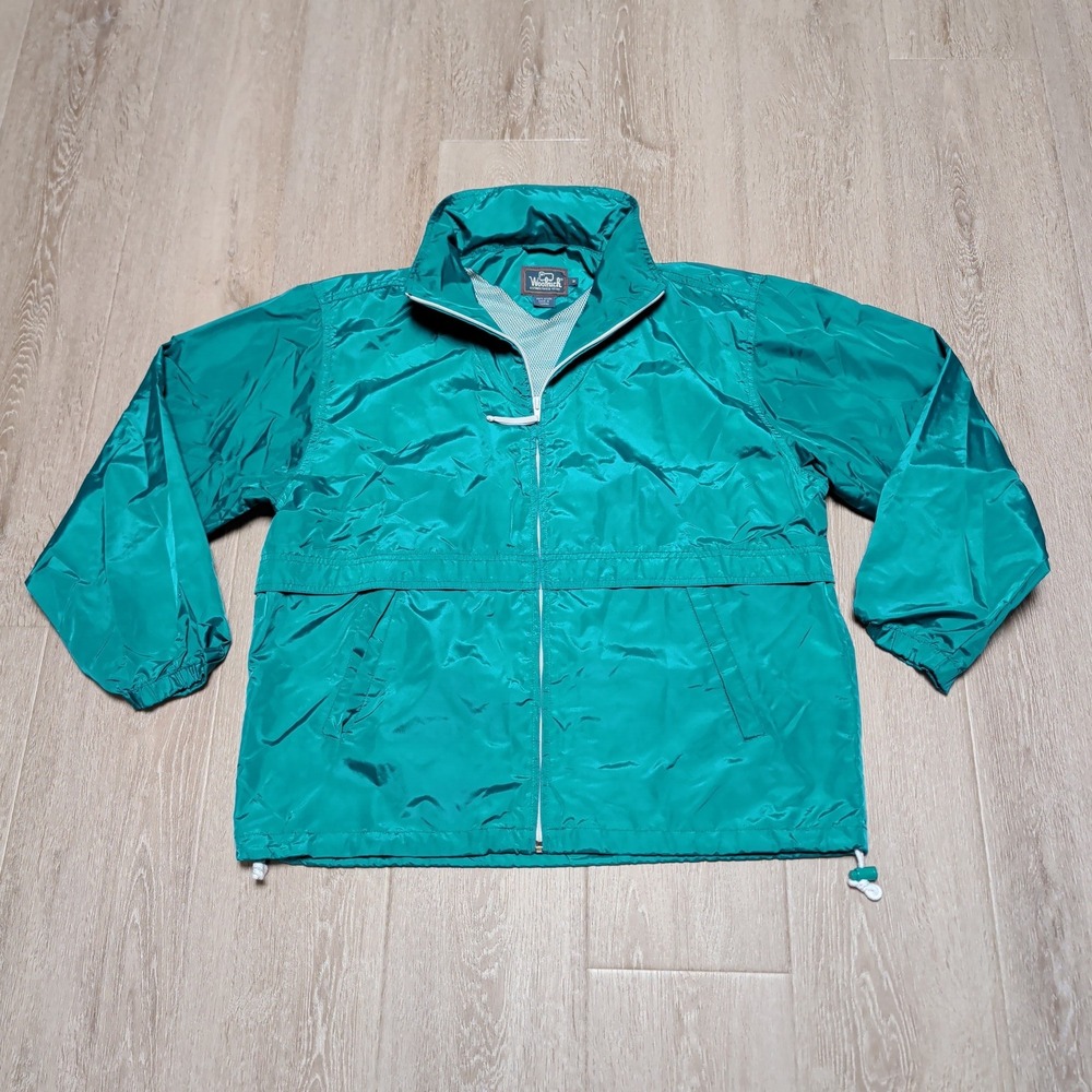 Vintage 90s Woolrich Windbreaker Women Medium Jade Green Packable Hood Full‎ Zip